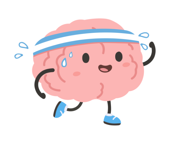 Cerveau souriant dessiné qui court avec un bandeau de sport