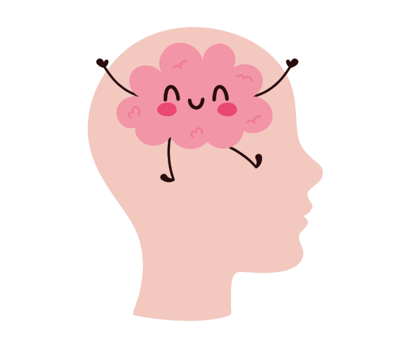 Profil d’une tête avec un petit cerveau joyeux qui danse à l’intérieur