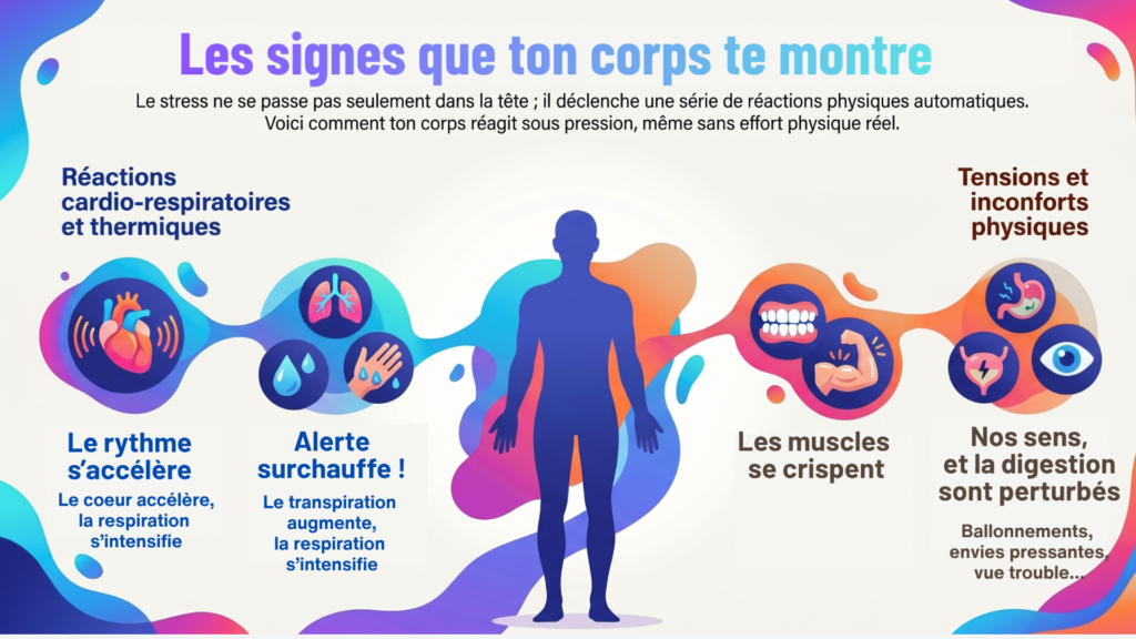 Infographie « Les signes que ton corps te montre » : le cœur s’accélère, la transpiration augmente, les muscles se crispent, les sens et la digestion sont perturbés