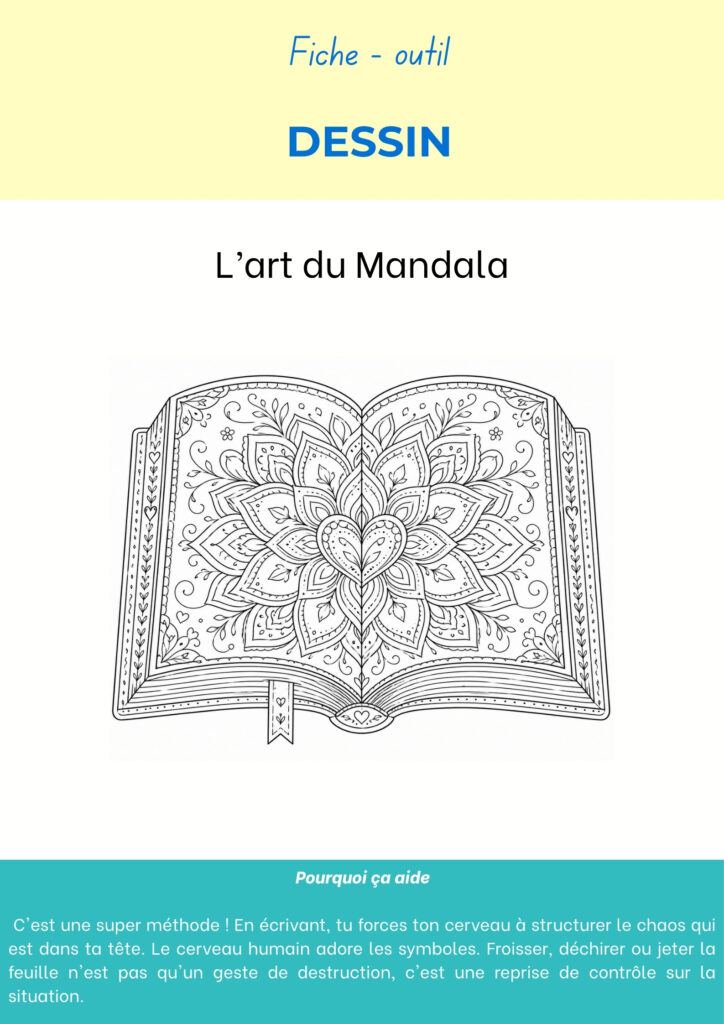 Fiche outil Dessin, l’art du mandala : livre ouvert à colorier