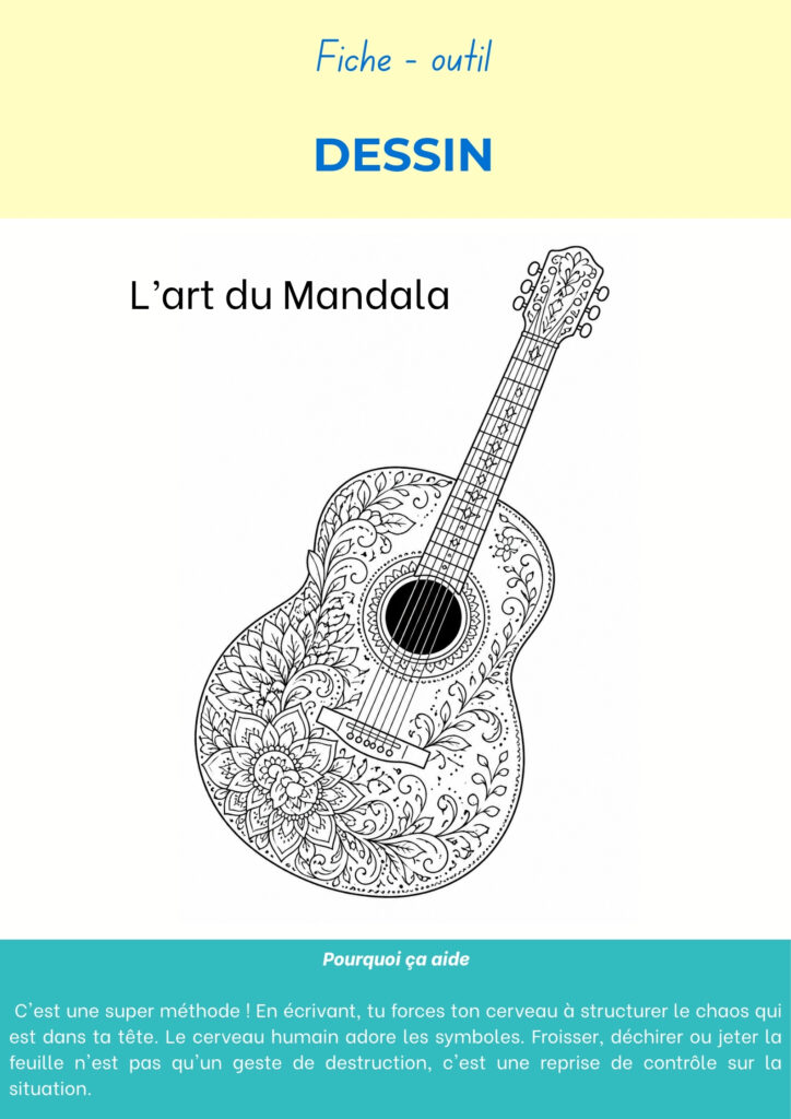 Fiche outil Dessin, l’art du mandala : guitare à colorier
