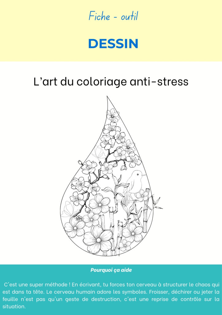 Fiche outil Dessin, coloriage anti-stress : goutte remplie de fleurs et d’un oiseau à colorier