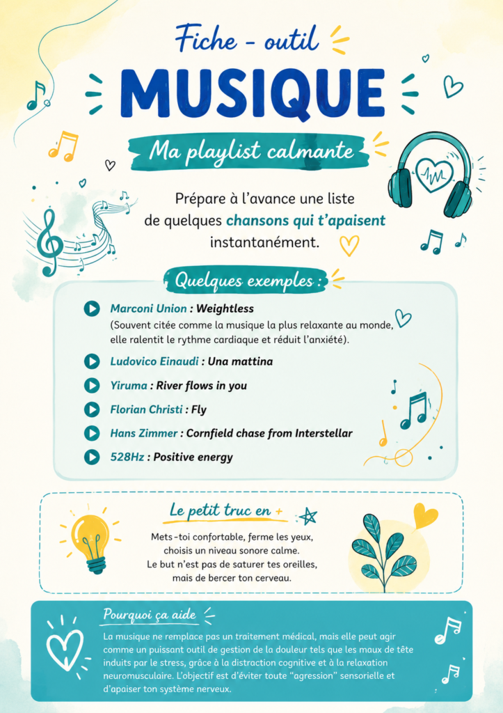Fiche outil Musique : exemples de chansons apaisantes pour ta playlist calmante, comme Weightless de Marconi Union