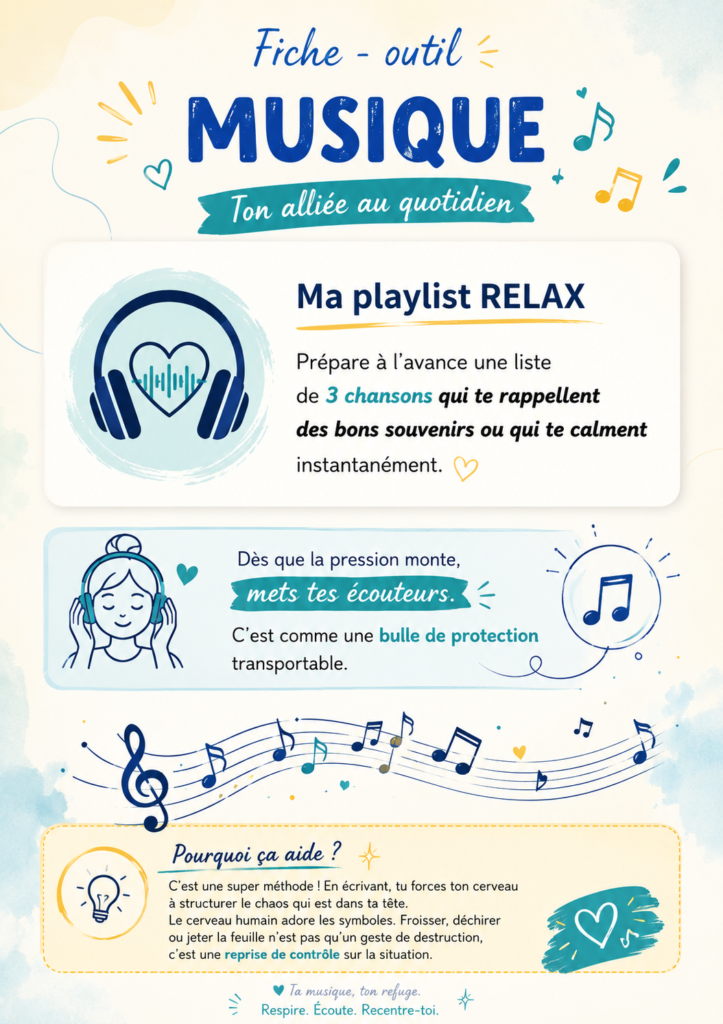 Fiche outil Musique : prépare une playlist relax de 3 chansons et mets tes écouteurs quand la pression monte