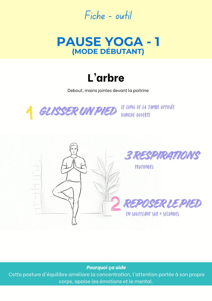 Fiche Pause yoga 1, posture de l’arbre : glisse un pied le long de la jambe, 3 respirations, repose le pied