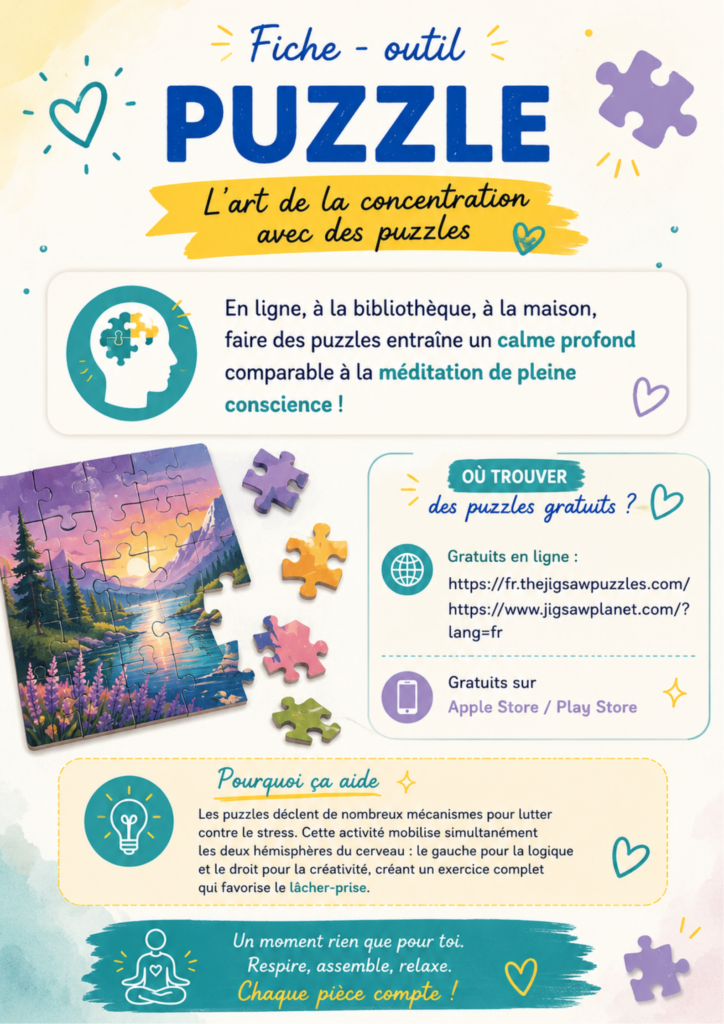 Fiche outil Puzzle : faire des puzzles apaise comme la méditation, avec des sites où en trouver gratuitement