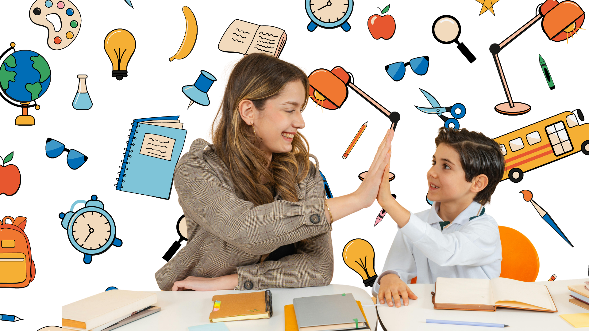 Une enseignante et un élève se tapent dans la main, entourés de dessins de fournitures scolaires