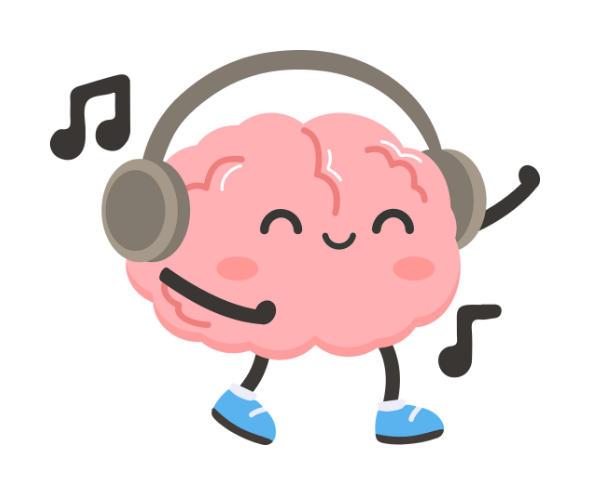 Cerveau souriant dessiné qui danse avec un casque d’écoute et des notes de musique