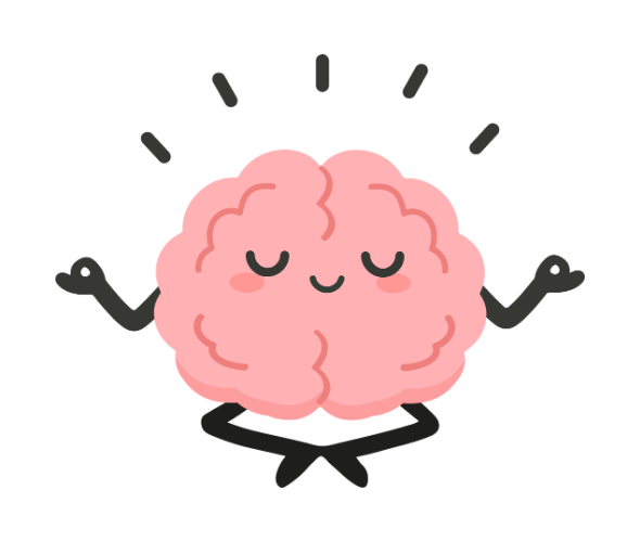 Cerveau souriant dessiné, assis en tailleur en position de méditation
